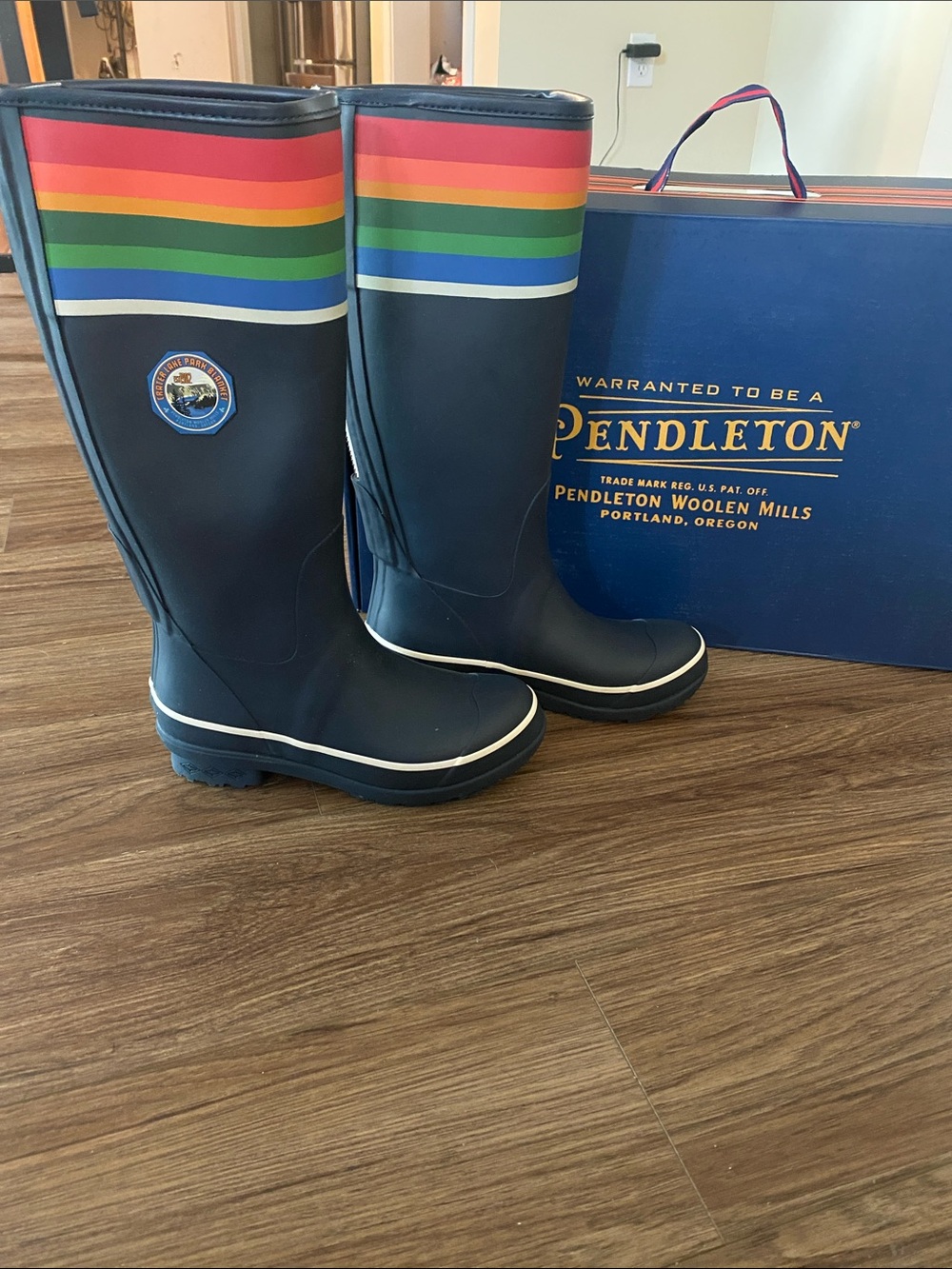Pendleton Navy Rain Boots with Rainbow Stripe
